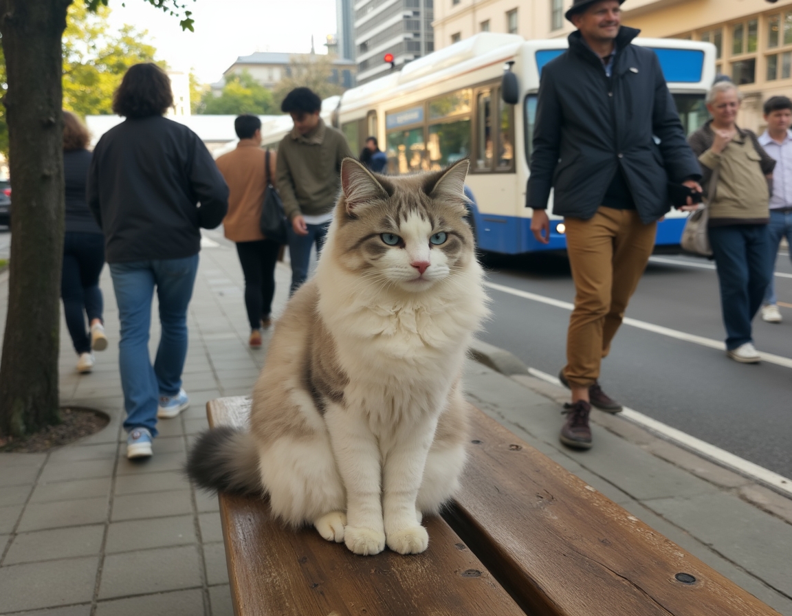 Cat observes the activity of a city bus stop, soaking in the energy of urban life.